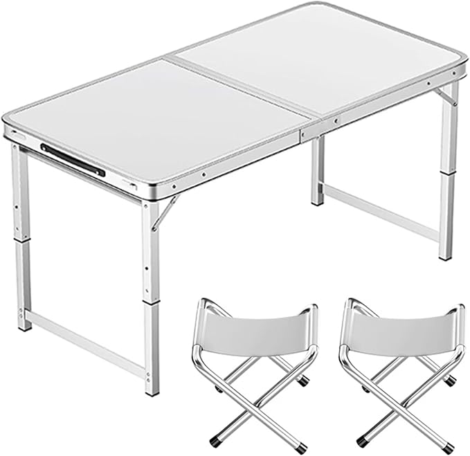 Adjustable Height Aluminum Folding Table Portable Outdoor Camping Table with Handle Compact 120X60Cm Picnic Dining Table Set with 4 Stools - Blue120X60Cm Bla100X50cm White+2 Stool