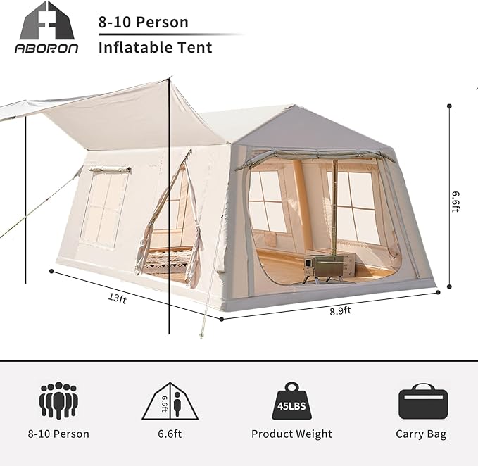 ABORON 2/6/8/10/12 Person Inflatable Camping Tent Easy Setup Blow Up Tent with Hand Pump PU3000mm Waterproof &amp Breathable 4 Season Glamping Tent for Outdoor Camping