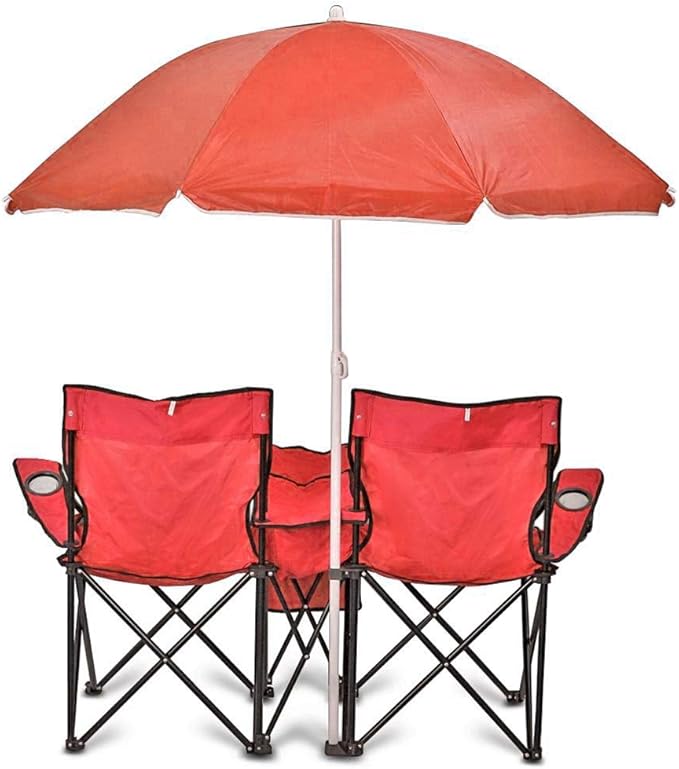 GoTeam Portable Double Folding Chair w/Removable Umbrella Cooler Bag and Carry Case - Red