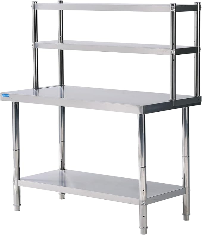Stainless Steel Shelf 2 Tier Stainless Overshelf for Kitchen Prep Work Table 12 x 48 Inches Adjustable Commercial Steel Table OverShelf for Kitchen Restaurant Bar Utility Room Garage