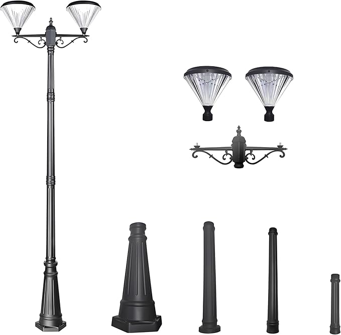 TIERONE 7.5FT LED Post Solar Light Dusk to Dawn Landscape Pathway Dual-Head Pole Light IP65 Waterproof 3000K Warm White Outdoor Street Lights for Lawn Patio Yard Pathway Garden