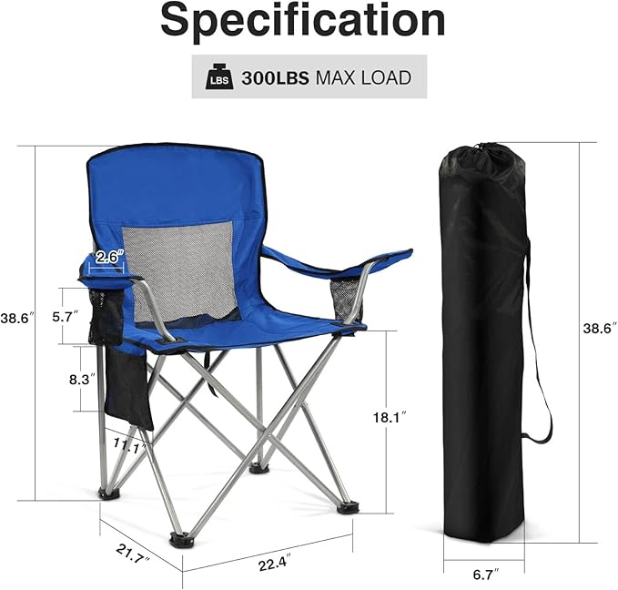 Simple Deluxe Outdoor Foldable Camping Chair with Sturdy Material and 300lbs Capacity Foldable Camping Chair with Cup Holder and Carrying Bag for Parks Beaches Fishing and Camping Blue