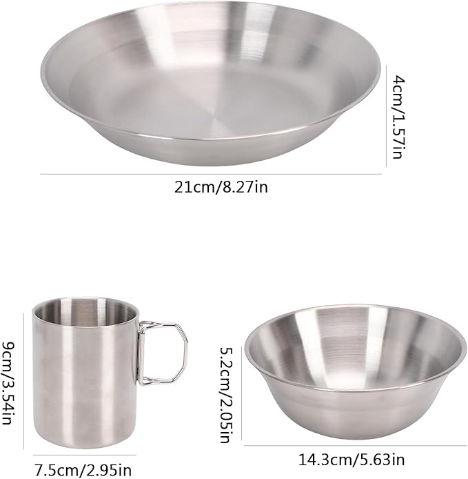 Outdoor Camping Mess Kit Stainless Steel Dishes Set Tableware Dinnerware Includes Plates Bowl Cup Forks Spoons and Knives for Outdoor Backpacking Hiking Travel Picnic