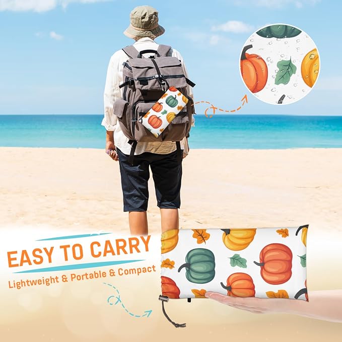 Waterproof Sandproof Beach Blanket 59''×68'' Watercolor Pumpkin Polyester Outdoor Picnic Blanket with 4 Stakes &amp Storage Bag for BeachCampingVacation White
