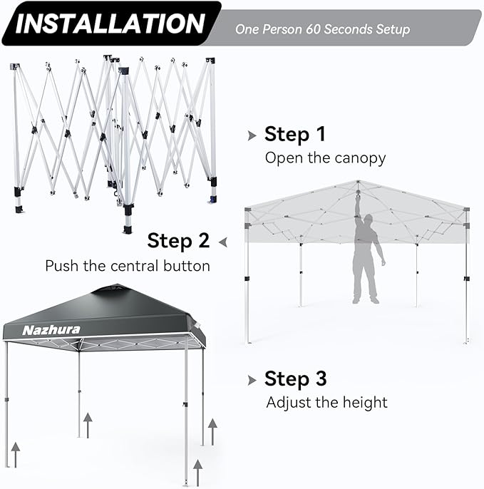 Nazhura 10' x 10' Pop Up Canopy Tent with Sand Weight Bag Awing for Patio Freestanding Sun Shelter for Picnic and Camping One Person Setup White (Grey)
