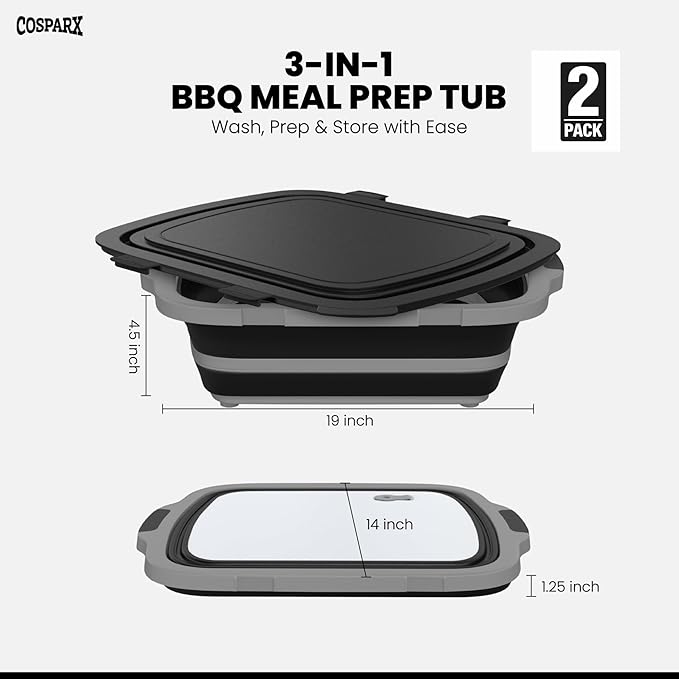 XL Collapsible BBQ Prep Tub with Cutting Board &amp Drain Plug – Portable Food Prep Station for Kitchen Camping &amp Grill – Dishwasher Safe Space-Saving Design – Heat-Resistant Glove Included (2-