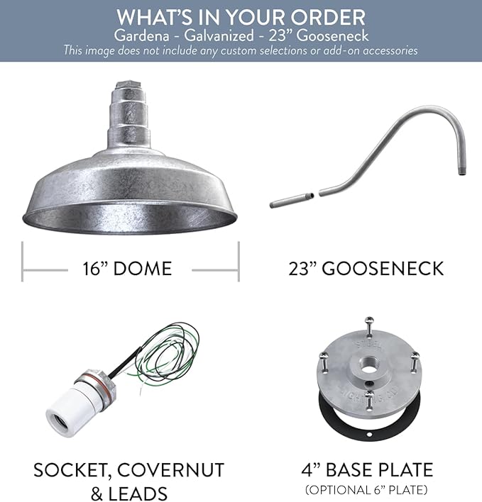 Steel Lighting Co. | Dusk to Dawn | Gardena Barn Light | Outdoor Wall Mounted | 16 Dome | 23 Gooseneck | Farmhouse Light Made in America | Galvanized Exterior/Galvanized Interior