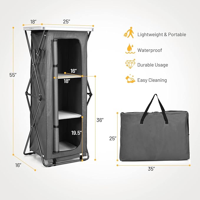 Giantex Folding Camping Storage Cabinet with 3 Shelves and Carry Bag Portable Outdoor Organizer Kitchen Table Quick Set-up for BBQ Picnic Backyard Compact Pop-Up Cupboard 55''H
