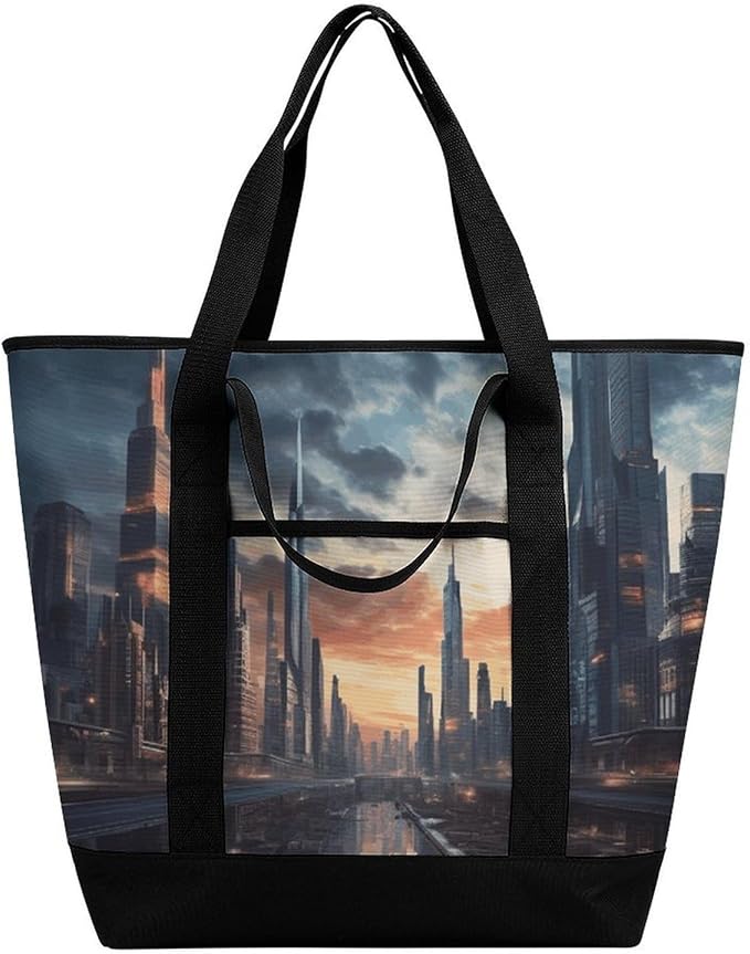 Insulated Shopping BagLarge Reusable Cooler Bags City Scape Printed Foldable Shopping BagTravel Waterproof Shoulder Bag