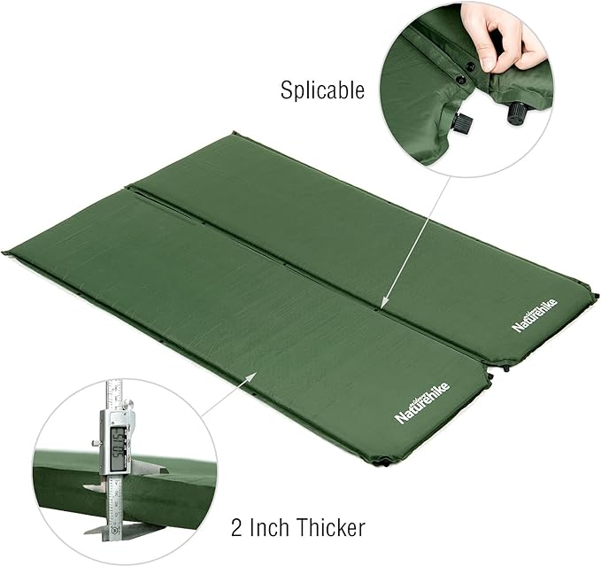 Naturehike Sleeping Pad 2 inch Thick Self Inflating Sleeping Pad for Camping Durable Camping Mattress Connectable with Multiple Lightweight Sleeping Mats for Backpacking Tent Hammock Hiking