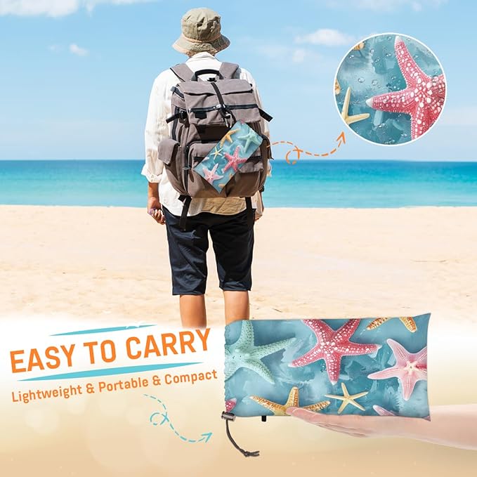 Waterproof Sandproof Beach Blanket 59''×68'' Starfish Polyester Outdoor Picnic Blanket with 4 Stakes &amp Storage Bag for BeachCampingVacation Red