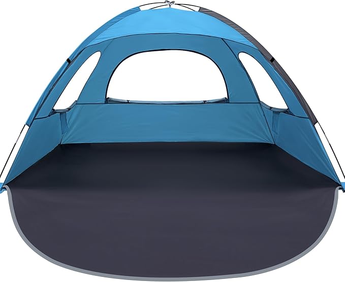 WhiteFang Beach Tent Anti-UV Portable Sun Shade Shelter for 3 Person Extendable Floor with 3 Ventilating Mesh Windows Plus Carrying Bag Stakes and Guy Lines (Blue)