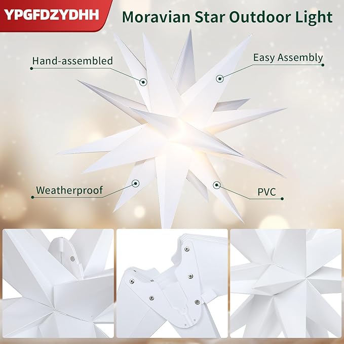 18 Moravian Star Outdoor Light Moravian Star Christmas Decorations Tree Topper Lighted Battery Operated Remote Control Hanging Outdoor/Indoor Tree Star Light for Courtyard Porch-White
