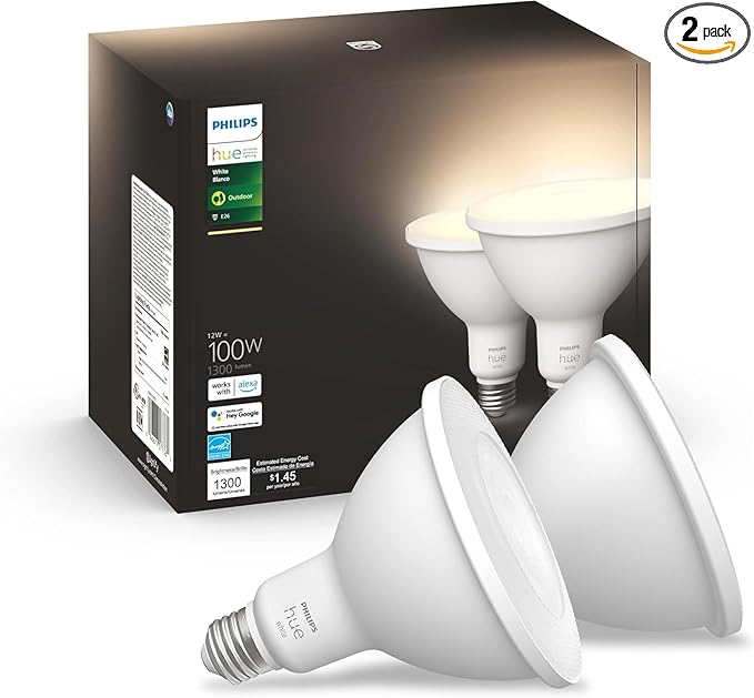 Philips Hue White PAR38 LED 100W Equivalent Waterproof Dimmable Smart Wireless Flood Light Bulb (2 Pack)