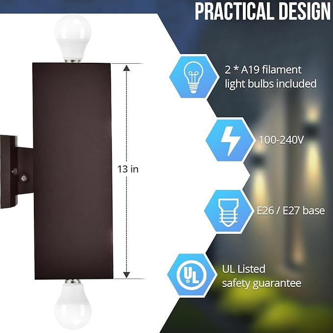 wowlite Modern Up Down Wall Lights Outdoor with Dusk to Dawn Photocell Sensor LED Outdoor Wall Lighting Waterproof Bronze Porch Lantern 13 Square Wall Sconce for House Garden Entrance