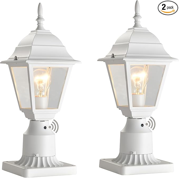 Outdoor Post Lights 2 Pack Dusk to Dawn with Photocell Waterproof Exterior Post Light Fixture 5.9” Pier Mount Base White Aluminum Post Lantern with Clear Glass