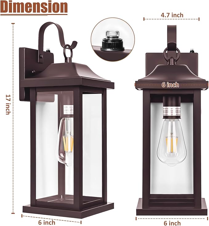 Dusk to Dawn Outdoor Lighting for House 17 Inch Large 1-Pack Oil Rubbed Bronze Exterior Light Fixture for Front Porch Light with Clear Tempered Glass Waterproof Outside Wall Mounted Lamp