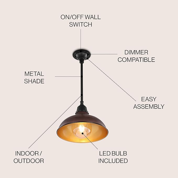 JONATHAN Y 12.25 Wood Finish/Copper Farmhouse Indoor/Outdoor LED Pendant Iron Hanging Light and Black 1-Light Metal Shade Rustic Ceiling Lamp for Kitchen Island LED Bulb Included (JYL7611G)