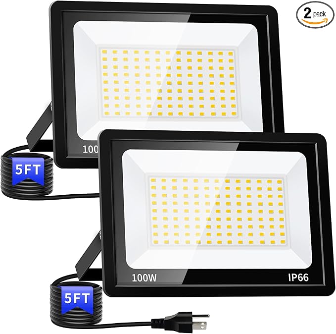 100W LED Outdoor Flood Lights with Plug 12000lm Bright Work Light with 5ft Cord 5000K Daylight White Exterior Floodlight IP66 Waterproof Security Light Yard Lights for Garage Stadium 2 Pack
