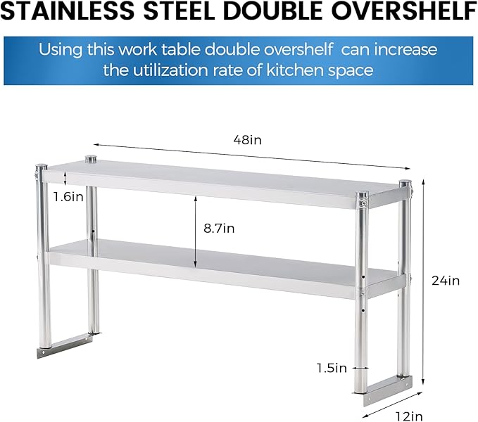 Stainless Steel Shelf 2 Tier Stainless Overshelf for Kitchen Prep Work Table 12 x 48 Inches Adjustable Commercial Steel Table OverShelf for Kitchen Restaurant Bar Utility Room Garage