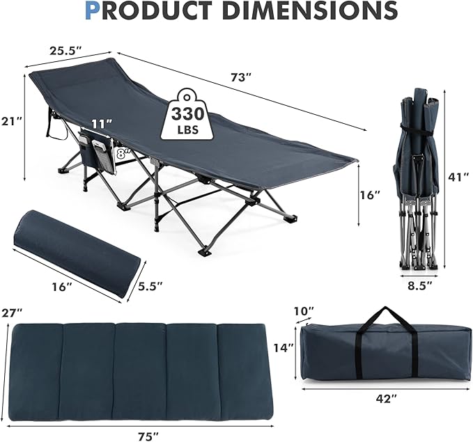 Tangkula Camping Cot for Adults Folding Sleeping Cot with Removable Mattress Pillow Side Pocket Portable Indoor Outdoor Cot Bed with Carry Bags for Travel Camp Office Home (Blue)