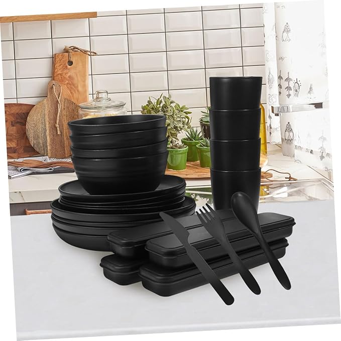 Alipis 4 Sets Box Cutlery Set Camping Dishes Utensils Noodle Bowl with Tableware Reusable Utensils with Case Portable Tableware Bento Bowl Food Bowl Party Dinnerware Bowl Plate Dinnerware Black