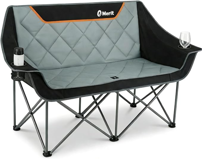 EMERIT Oversized Fully Padded Camping Chair Heavy Duty 650LB Folding Camping Loveseat Quad Fold Double Camping Couch with Cup Holders &amp Carry Bag for Outdoor Lawn Sports Events | HIgh Back Ri