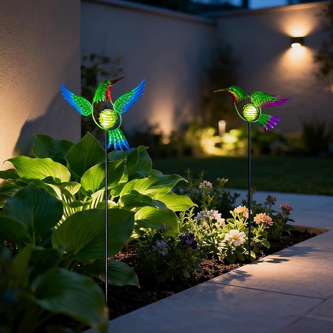 Hummingbird Solar Garden Stakes Lights 2 PackSolar Hummingbird Bird Figurine Outdoor Lights for Spring Garden Pathway Lawn Yard Decoration