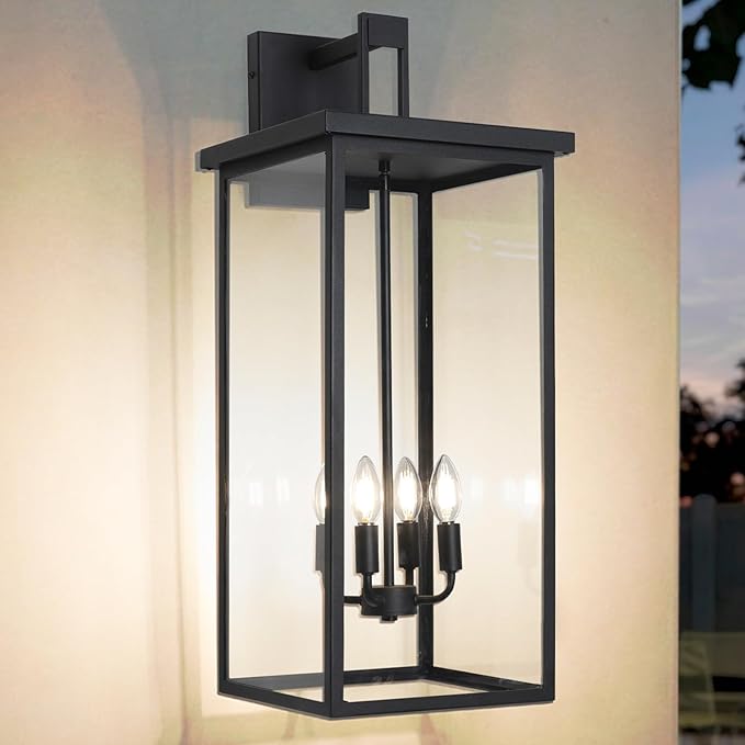 26 in Large Outdoor Wall Lantern Modern Matte Black Exterior Light Fixtures for House with Clear Glass Shade Large Outdoor Light Fixtures Wall Mount E12 Base Garage &amp Porch Wall Light