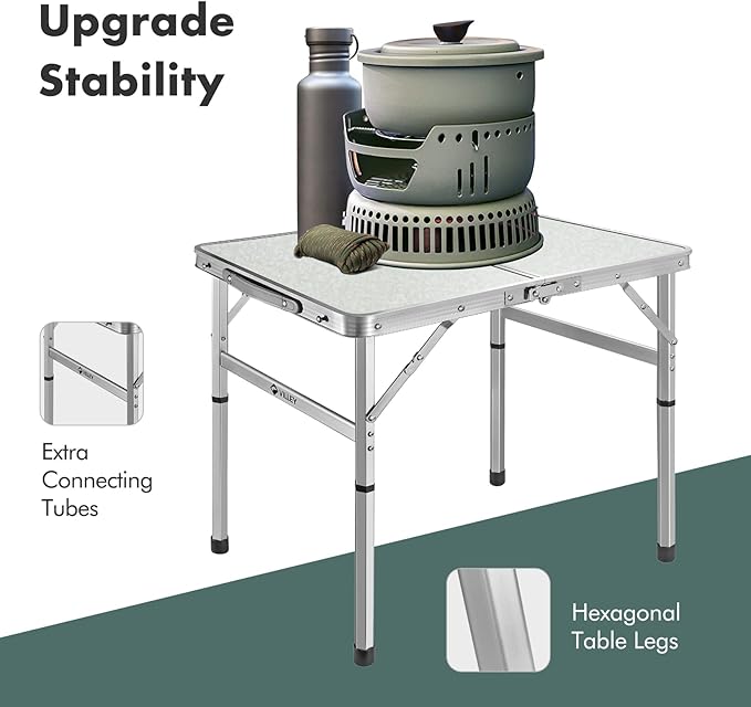 VILLEY Folding Camping Table 2ft Small Portable Lightweight Outdoor Table with Aluminum Adjustable Legs for Travel Picnic Cooking Beach