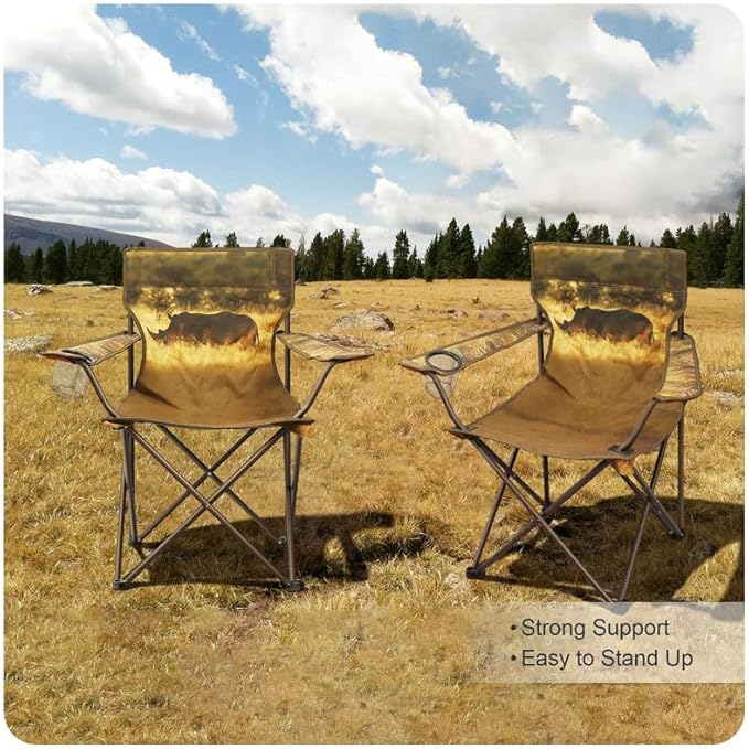 2 Pcs Animal Pattern Camping ChairFolding Backpacking Lightweight Beach Chair w/Cup HolderSide PocketCarry BagPortable Adults Lawn Chair for Family OutdoorHikingPartiesRhinoceros