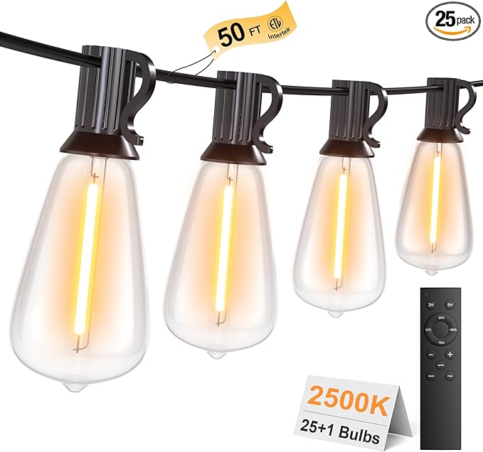 50FT Outdoor String Lights with Remote Garden Patio Decor with 2500K Warm White 25+1 LED Edison Bulbs Support Timer Dimmable Waterproof Shatterproof for Yard Outside Porch Deck Indoor