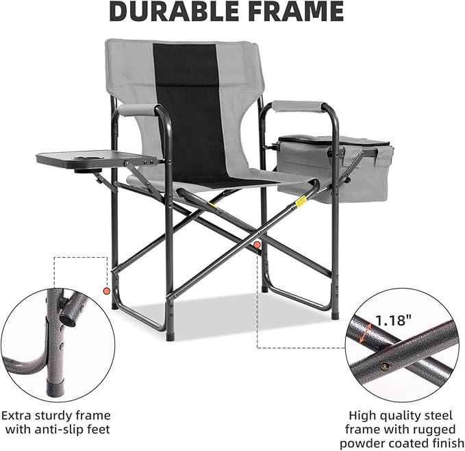 Director Camping Chair with Cooler Bag &amp Foldable Side Tray - 400lbs Heavy Duty Outdoor Folding Lawn Chair Portable Camp Chair for Fishing/Backyard (Black &amp Gray)