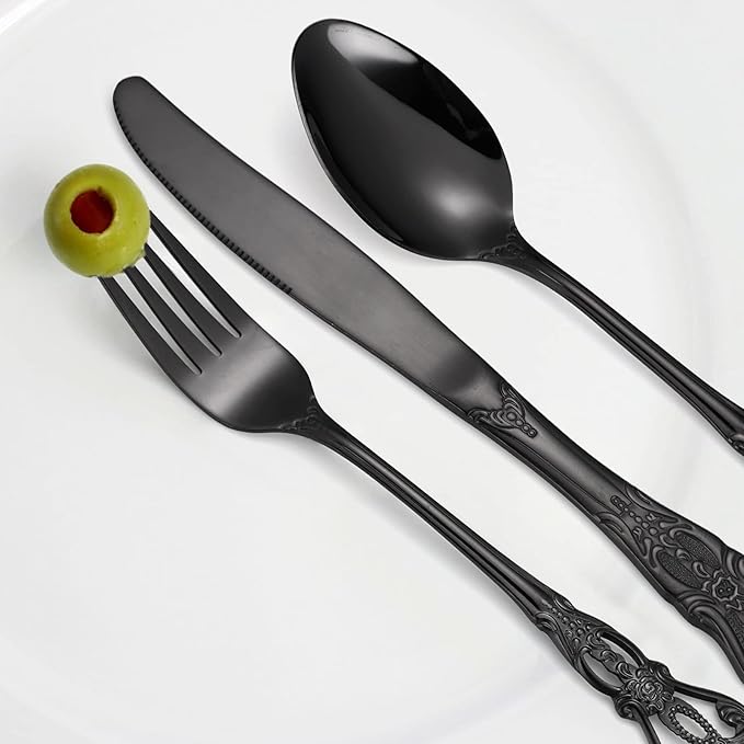 Black Silverware Royal Flatware Set for 4 Stainless Steel Cutlery Retro Antique Kitchen Utenisl with Flower Design Handle for Resturant Home Festival Parties