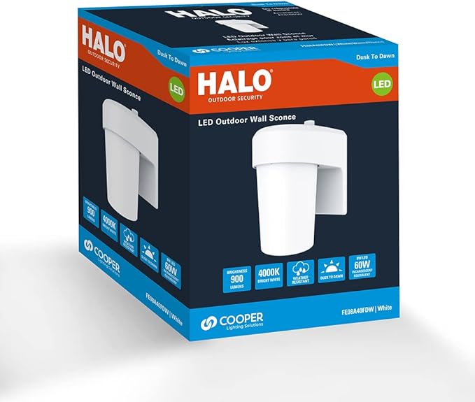 HALO FE 1-Light White LED Outdoor Lantern Sconce with Dusk to Dawn