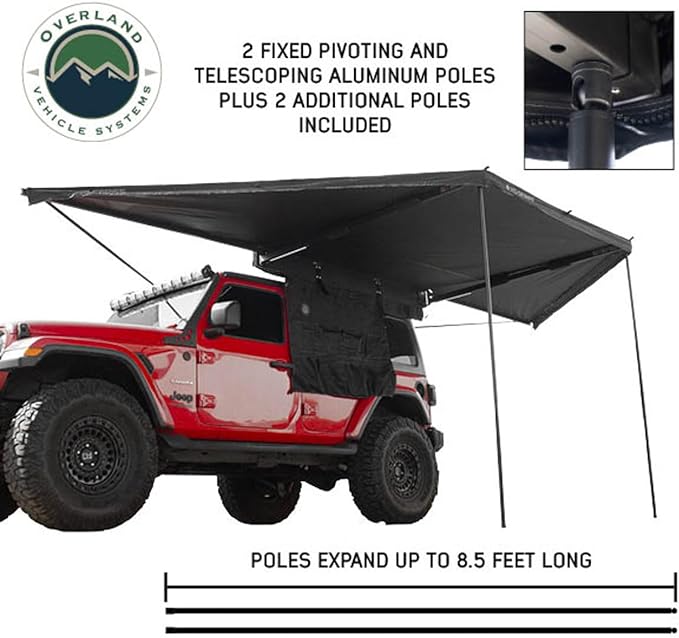 Overland Vehicle Systems 19609927 XD Nomadic 180 Degree Awning Universal with Integrated LED Lights and Black Out | 88 Sq Ft of Coverage | Black Fabric and Travel Bag Included | Weather-Resistant