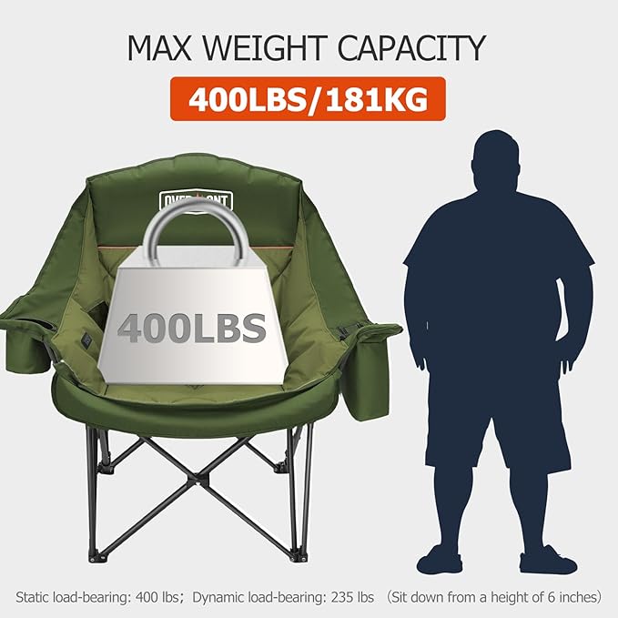 Overmont Gentle Heated Oversized Camping Chair for Adults - 3 Levels Seat &amp Back Separately Control - 400lbs Support Heavy Duty Padded Folding Chair Outdoor Garden Portable - Battery NOT Included