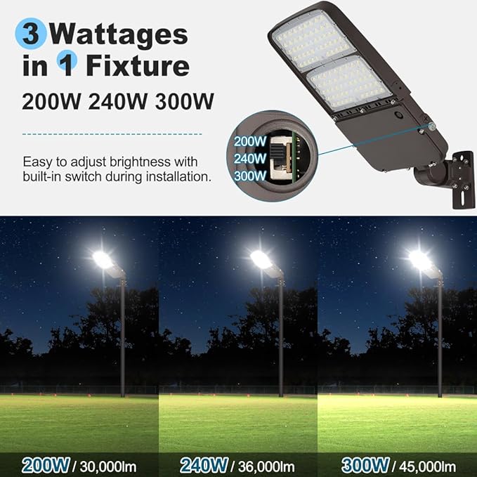 300W LED Parking Lot Light with Photocell Outdoor Dimmable LED Pole Lights with Slip Fitter &amp Arm Mount in 1 150LM/W 45000LM 5000K 100-277V IP65 Power Selectable (300W/240W/200W) ETL