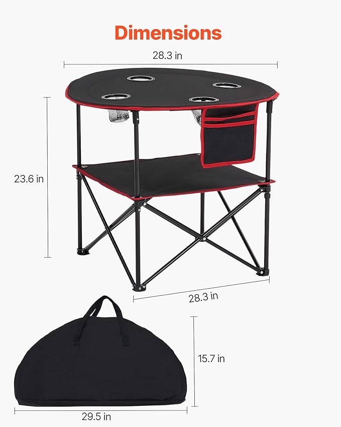 VEVOR Folding Camping Table Portable Outdoor Lightweight Picnic Table 600D Oxford Fabric Waterproof Canvas Travel Beach Tables with 4 Cup Holders Carry Bag for Tailgating Camping Picnic Black