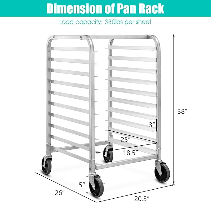 ReunionG 10 Tier Bun Pan Rack Bakery Rack with 2 Lockable Wheels 10 Sheet Aluminum Storage Cooling Trolley with Open Shelf Dough Pizza Baking Mobile Rack for Home Commercial