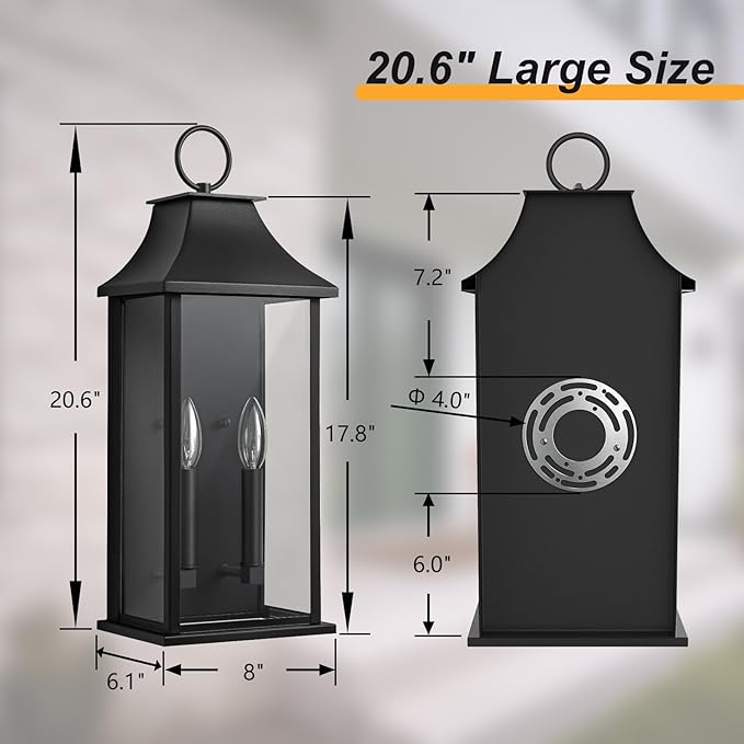 Outdoor Wall Lights Dusk to Dawn Waterproof Outside Wall Sconce Large Modern Wall Fixture with Glass Exterior Lamp for House Porch Garage 2-Light (20.6 Inch Black)