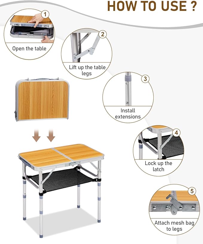 Outvita Folding Table 2FT Aluminum Camping Table with Storage Adjustable Height Picnic Table Lightweight for Carring Outdoor Party Events Beach