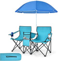 Tangkula Double Camping Chairs with Umbrella Portable 2 Seat Folding Camp Chair with Cooler Bag Beverage Holder Carrying Bag Foldable Lawn Chair for Outside Fishing Picnic Beach