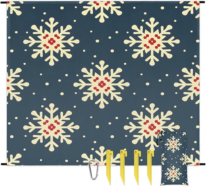 Waterproof Sandproof Beach Blanket 59''×68'' Blue Background Polyester Outdoor Picnic Blanket with 4 Stakes &amp Storage Bag for BeachCampingVacation Snowflake