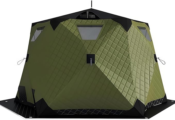 Instant Pop-Up Ice Fishing Tent Insulated 420D Hexagon Shelter for 5-6 People Portable Ice Shanty with Stove Jack &amp Dark Green Camo Ideal for Ice Fishing &amp Winter Camping
