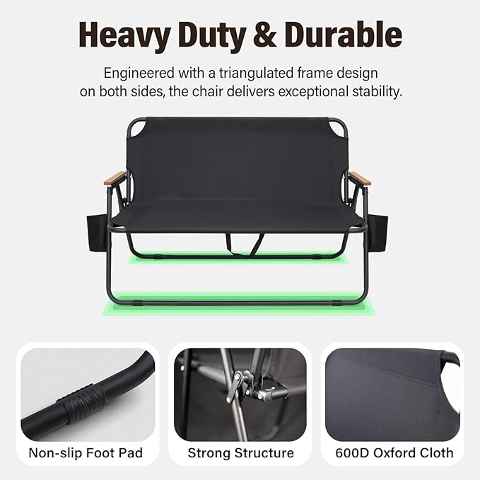 BDL Oversized Double Camping Chair Loveseat Heavy Duty Two Person Camp Chair Folding Lawn Chairs with Armrests for Outdoor Travel Patio Beach