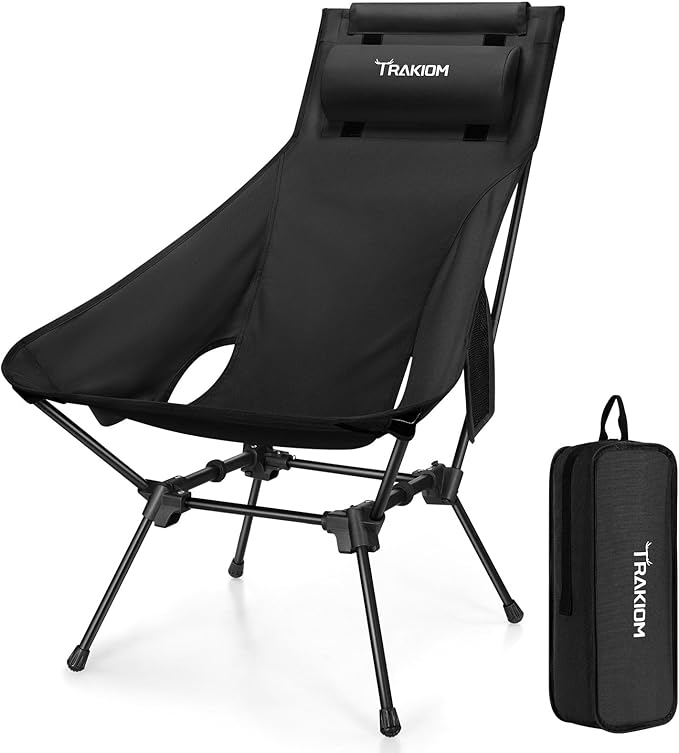 High Back Folding Camping Chair Widened Seat &amp Lightweight Black Portable Chair with Stable Design Adjustable Head Support for Beach Camping Festival Hiking and Outdoor Travel