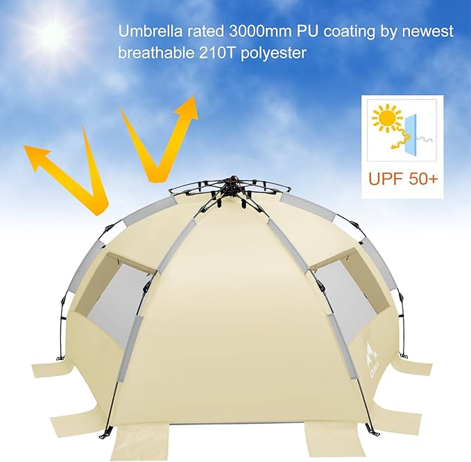 Oileus X-Large 4 Person Beach Tent Sun Shelter - Portable Sun Shade Instant Tent for Beach with Carrying Bag Stakes 6 Sand Pockets Anti UV for Fishing Hiking Camping Waterproof Windproof Khaki