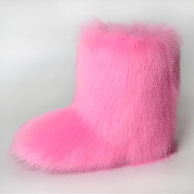 Womens Furry Faux Fur Booties Winter Warm Snow Ankle Boots Fuzzy Fluffy Furry Mid Calf Boots Outdoor Comfy Flat Shoes