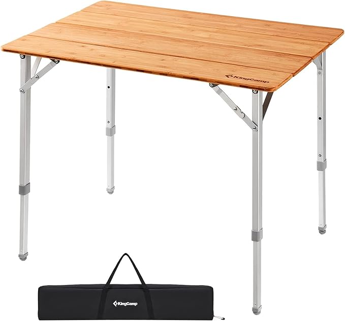 KingCamp Bamboo Camping Table Folding Table with Adjustable Height Aluminum Legs Heavy Duty 176lbs 4-Fold Portable Foldable Camp Tables for Travel Picnic 4-5 People